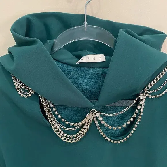 AREA Cropped Crystal Embellished Hooded Sweatshirt top shirt green medium - Picture 3 of 7